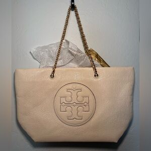 Tory Burch Cream Tote with Gold Chain